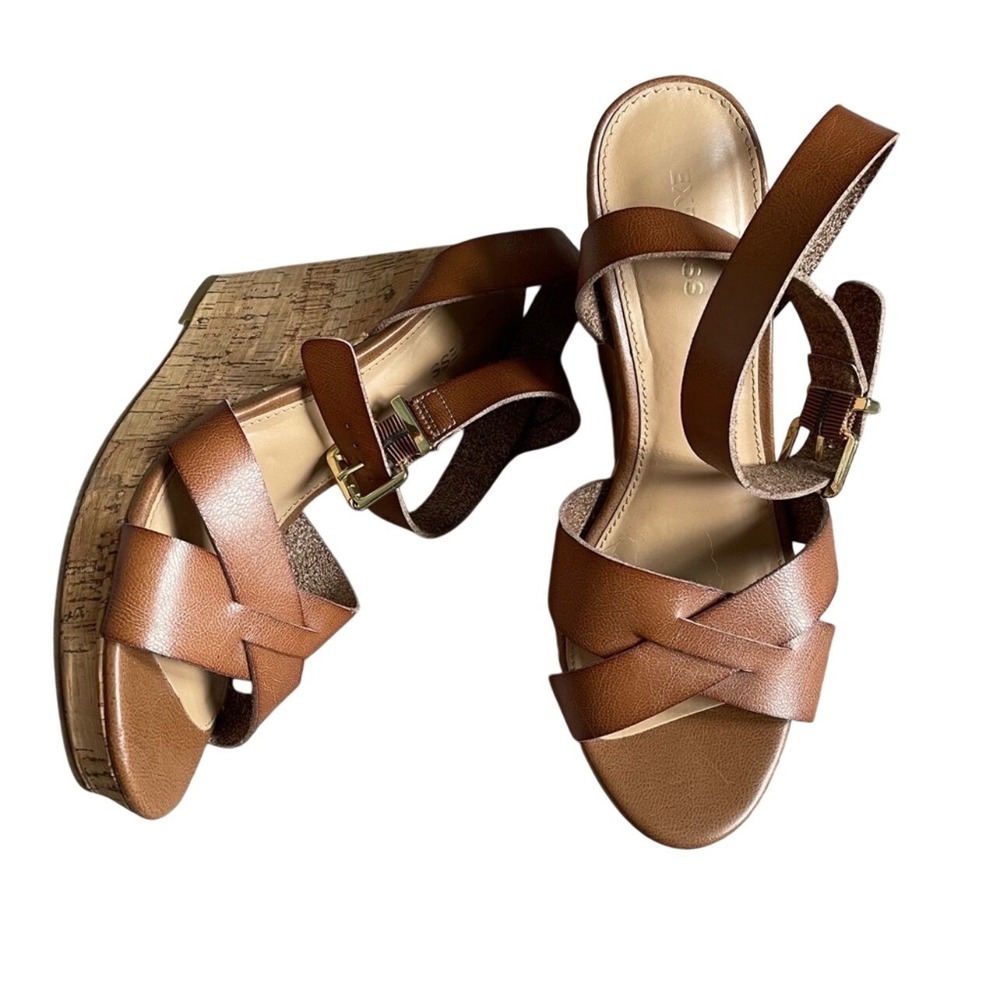 Express Tan Faux Leather Cork Wedge Platform Ankle Strap Sandals Size 8